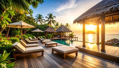 Tropical Luxury Sunset over Infinity Pool with Beachside Gazebo  Paradise Scenery.