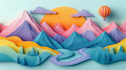 A whimsical, colorful papercraft landscape of mountains, a river, and a hot air balloon. perfect for creativity, travel, or children's themes
