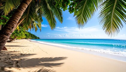 Tropical Paradise Beach Scene Palm Trees with Turquoise Ocean, White Sand, and Sunshine.