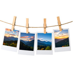  Polaroid-style photos clipped to a twine string with wooden clothespins, showing scenic landscapes of , forests, and vibrant sunset skies, isolated on white or transparent background ... See More (3)