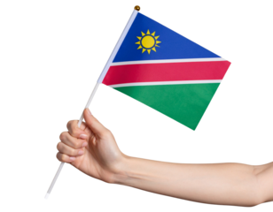 Hand Holding Namibian Mini Flag on Wooden Stick, Forward Tilted Perspective, Isolated PNG.