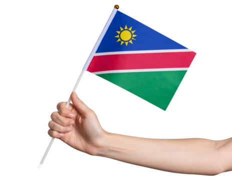 Hand Holding Namibian Mini Flag on Wooden Stick, Forward Tilted Perspective, Isolated PNG.