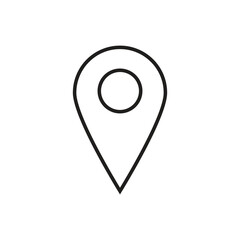 Simple black location pin icon with outline style on white background representing GPS, navigation, and map marker