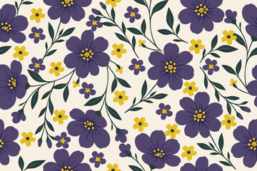 Seamless floral pattern featuring large purple flowers, small yellow blossoms, and green leaves on a cream background. Perfect for fabric, wallpaper, or design.