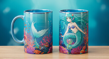 Beautiful Mermaid Princess Anime Mug in a Coral Reef Scene