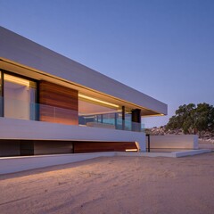 Modern architectural home with wood accents under evening sky