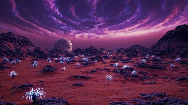 Beautiful desert landscape at dusk with a full moon and orange-hued clouds painting the evening sky on exo planet