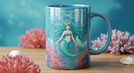 Beautiful Mermaid Princess Anime Mug in a Coral Reef Scene