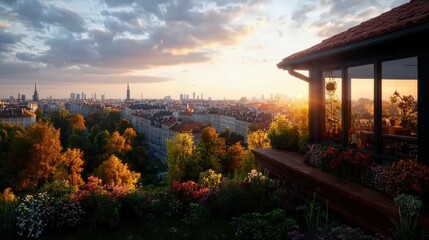 Scenic view of a city skyline at sunset from a balcony with lush greenery and colorful flowers