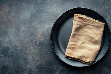 Elegant black plate with natural linen napkin on dark textured background. Perfect for food photography, restaurant menus, or cooking blogs.
