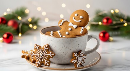 Festive Gingerbread Man in Cozy Mug with Twinkling Lights