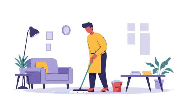 Man Mopping Floor in Modern Living Room, Flat Vector Illustration of Home Cleaning Chores and Domestic Housework Routine