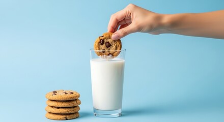 Hand dipping chocolate chip cookie into glass of milk
