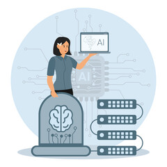 Artificial Intelligence Concept Featuring Woman, Brain Icon, and Technology Elements.