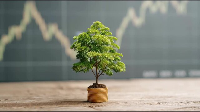 Small green tree growing in a pot symbolizing the maturity of the cryptocurrency market and its evolution over time. Crypto Market Growth Tree &ndash; Animated Video Version