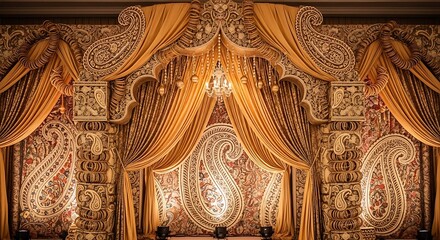 Exquisite Indian Wedding Stage Decoration Featuring Paisley Motifs and Golden Drapes