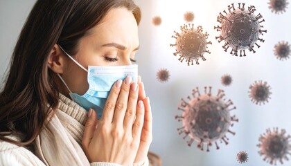 Woman Wearing Mask Sneezing with Surrounded by COVID19 Virus Particles.