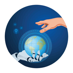 Human and Robot Hand Reaching Earth Globe for Collaborative Technology Display.
