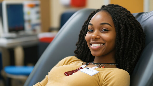 A woman donating blood at a local blood drive, helping save lives and supporting the health of others. —ar 16:9 