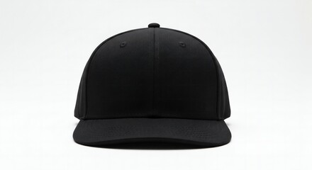 A clean, front-angle mockup of a blank, black baseball cap on a seamless white background, with perfect studio lighting for logo placement.