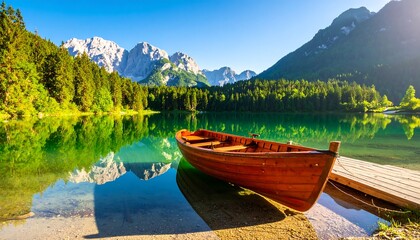Wooden boat by tranquil lake reflecting mountains in sunlight with Italy, and scenic nature.