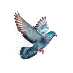 Obraz premium A stylized, vibrant pigeon in flight. Its wings are outstretched, with a dynamic, almost ethereal effect. Soft pastel shades of blue and pink highlight the bird's plumage