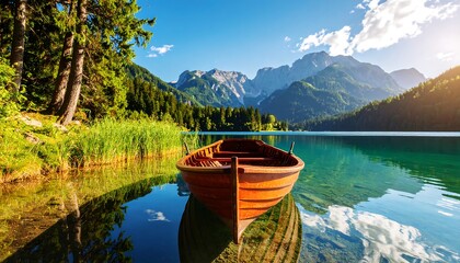 Wooden Boat on Scenic Lake Calm Water with Mountains, Forest, Sunny Day, and Travel Destination.