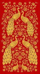 Golden peacocks among floral patterns: A decorative textile art illustration beautiful design