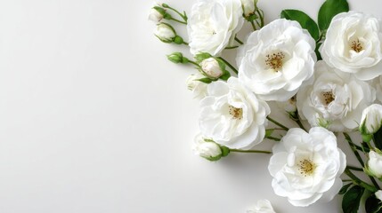 White Roses and Buds on White Background