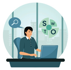 SWOT Analysis concept. Businesswoman Conducting SWOT Analysis in a Corporate Office Environment.