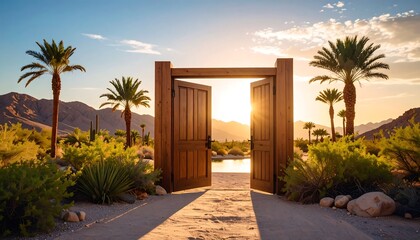 Wooden Door Opens to Desert Oasis with Palm Trees and Sunset Glow.
