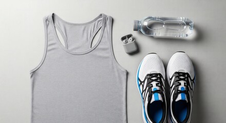 A fitness-themed flat lay of a blank, grey tank top next to running shoes, a water bottle, and earbuds on a clean background.