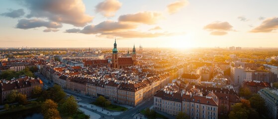 Fototapeta premium Wide aerial view of historic European cityscape du sunset showcasing ancient architecture and modern development