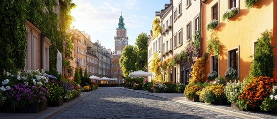 Obraz premium Charming cobblestone residential street lined with colorful flowers and historic buildings under bright sunlight