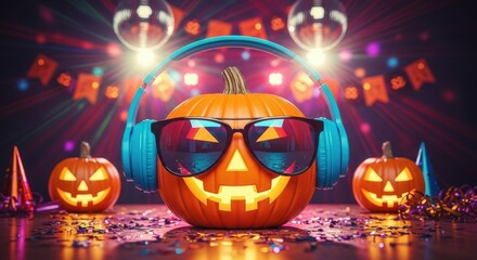 Halloween Party Pumpkin DJ with Headphones and Sunglasses