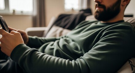 Fototapeta premium A man relaxing on a sofa in a modern apartment, wearing a comfortable, blank, dark green sweatshirt, with his face out of focus.