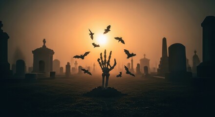 Naklejka premium A Spooky Skeleton Hand Rises From a Graveyard at Sunset