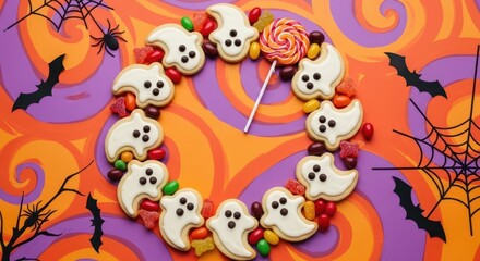 Fototapeta premium Spooky Ghost Cookies and Halloween Candy Arrangement