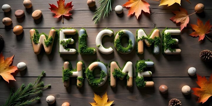Rustic Welcome Home text with green moss and autumn leaves on a dark wood background