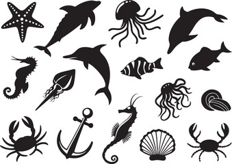 Sea Creatures Silhouette Bundle  Ocean Animal Vector Pack