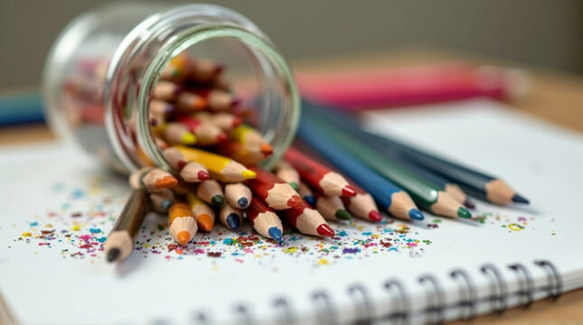 Colored pencils spill from a glass jar onto a sketchbook with colorful shavings scattered around.