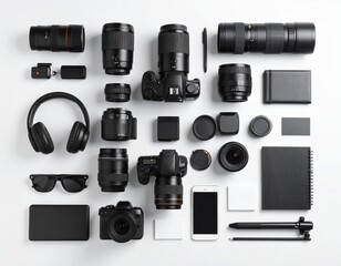 A flat-lay, knolling-style realistic photograph displaying a photographer’s newly acquired gear, arranged with precision and balance. From camera equipment to creative tools, the layout tells a visual