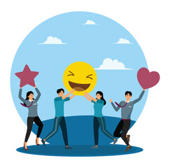 Employee satisfaction concept. Team Celebrating with Fun Symbols in a Cheerful Outdoor Setting.