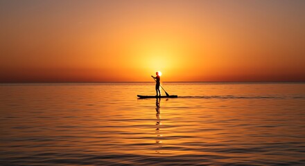 Person paddleboarding on calm water at sunset
