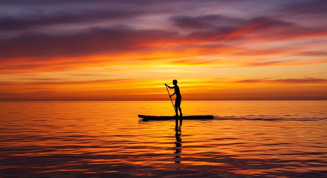 Person paddleboarding on calm sea during vibrant sunset