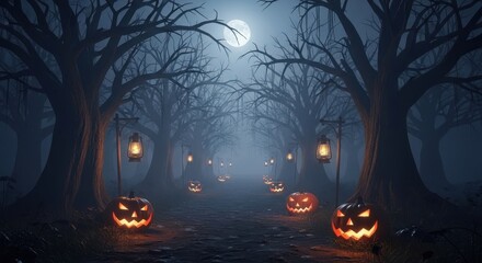 Spooky Halloween Night Forest Path Lit by Jack-o'-lanterns and Lanterns