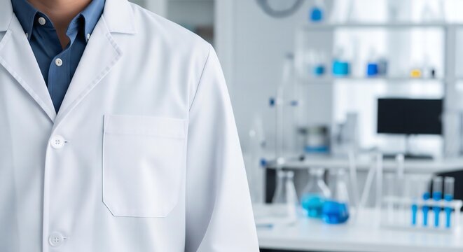 A professional photorealistic mockup of a doctor or scientist wearing a blank, white lab coat in a modern laboratory setting.