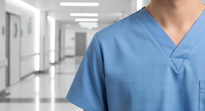 A professional photorealistic mockup of a doctor or scientist wearing a blank, white lab coat in a modern laboratory setting.
