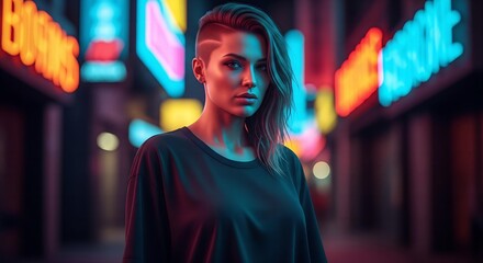 Obraz premium A cinematic mockup of a woman wearing a blank, black t-shirt, illuminated by the colorful bokeh of neon signs in a city at night.
