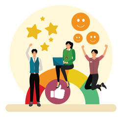 Staff dedication or job satisfaction concept. Business people employee with stars and happy reward.